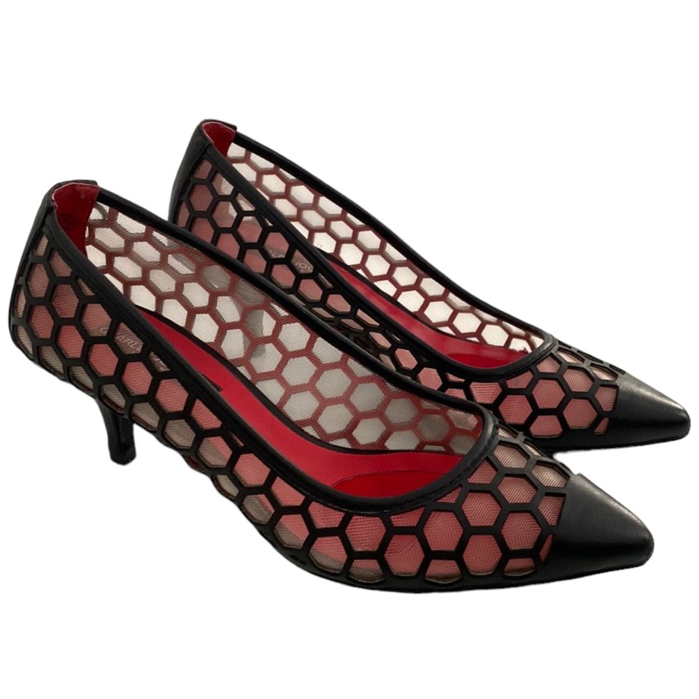 Charles Jourdan Paris Leather Laser Red Inner Sole Mesh Pointy Kitty Heel Pump